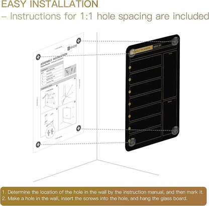 SELEAD Magnetic Glass Whiteboard Weekly Planner - 16”x24” Dry Erase Calendar White Board for Wall, Menu Notes Grocery List Board for Home Kitchen Restaurant - Black&Gold