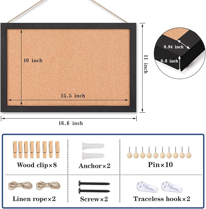 Miratino Cork Board Bulletin Board, 16 x 11 Inches Wooden Frame Pin Board, Cute Cork Boards for Walls Hanging for Office, Home Decor, School (Pins, Clips, Strings) Black