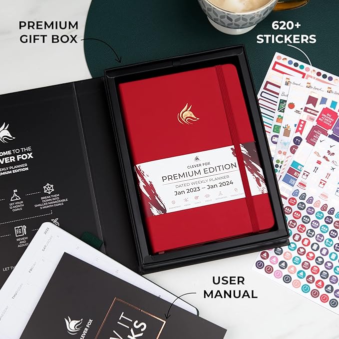 Clever Fox Dated Planner Premium Edition – 2025-2026 Weekly Planner for Planning, Goal Setting & Time Management – Planner Notebook with Habit Tracker & to-do List – A5 Size (Red)