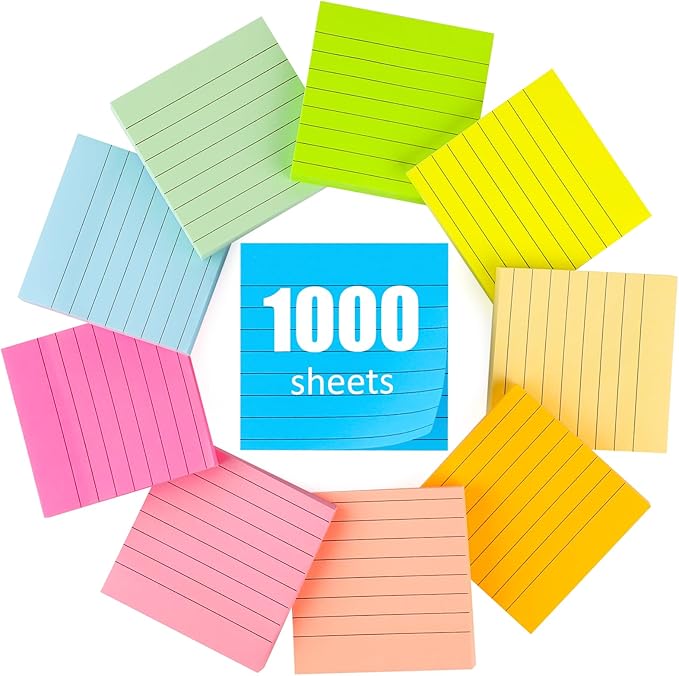 10 Pads Lined Sticky Notes, Sticky Note Pads 3x3 inches, 10 Bright Color Sticky Notes with Lines Self-Stick Note Pads, Perfect for Office Home School(100 Sheet/Pad)