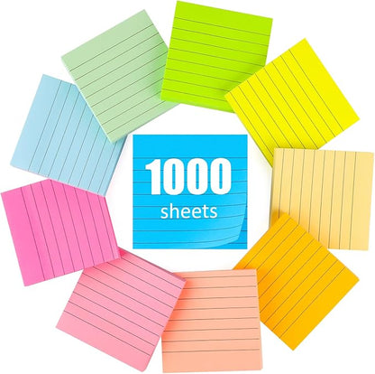 10 Pads Lined Sticky Notes, Sticky Note Pads 3x3 inches, 10 Bright Color Sticky Notes with Lines Self-Stick Note Pads, Perfect for Office Home School(100 Sheet/Pad)