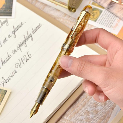 Asvine V126 Vacuum Filling Fountain Pen Brown Swirl Transparent Acrylic, Medium Nib Large-Capacity with Gift Case