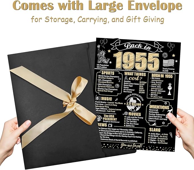 Large 70th Birthday Card With Envelope for Men Women, 1955 Black Gold Happy 70th Birthday Giant Guest Signature Book Gifts, Big Vintage 1955 70th Greeting Card Decoration Party Supplies