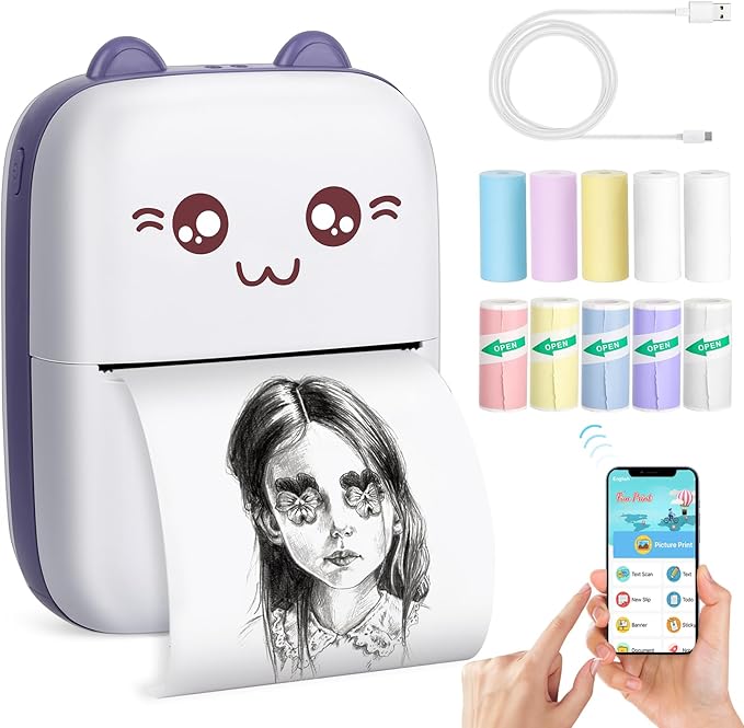 Mini Printer, Mini Printer with Stickers, Portable Inkless Thermal Printer with 10 Rolls Paper, Study Printer for Notes, Journal, DIY, Kids Gift, Compatible with Android & iOS