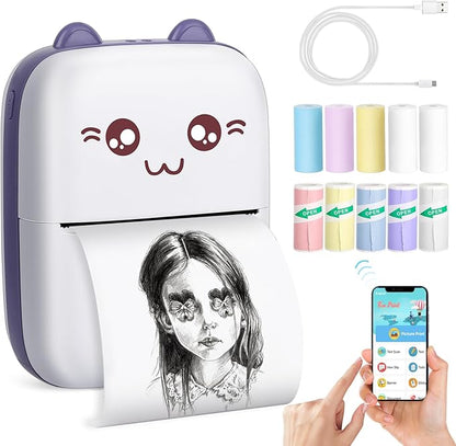 Mini Printer, Mini Printer with Stickers, Portable Inkless Thermal Printer with 10 Rolls Paper, Study Printer for Notes, Journal, DIY, Kids Gift, Compatible with Android & iOS