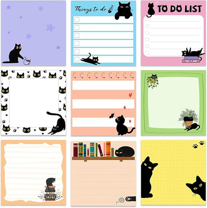 9 Pads Cute Sticky Notes Cartoon Animal Self Stick Notepads 3x3 Inches Notes Adhesive Memo Pad Office Decor Gifts for Students School Office Meeting(Black Cat)