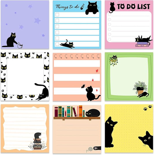 9 Pads Cute Sticky Notes Cartoon Animal Self Stick Notepads 3x3 Inches Notes Adhesive Memo Pad Office Decor Gifts for Students School Office Meeting(Black Cat)