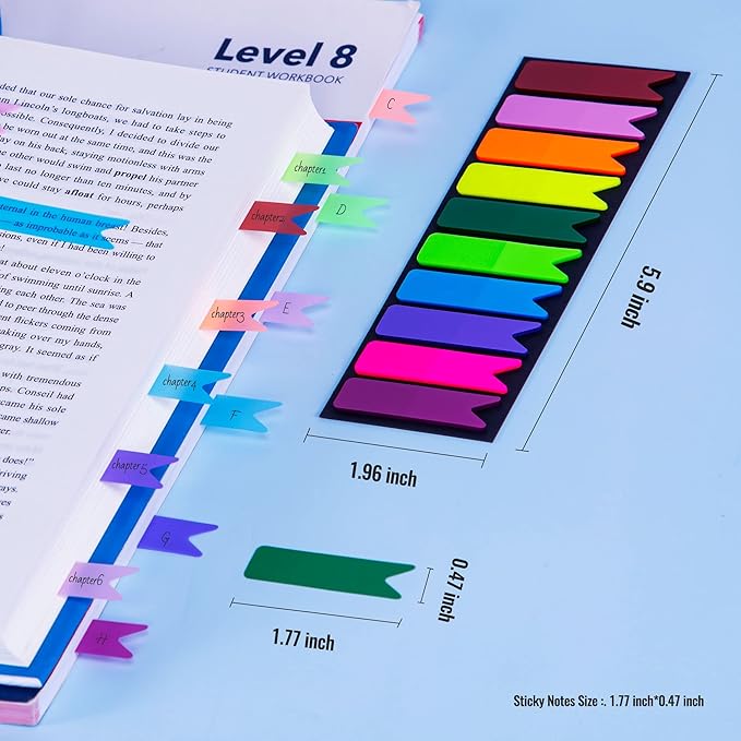 Golcellia 1200 Pieces Sticky Tabs Index Tabs, Book Tabs Flags Sticky Note Colored Writable and Repositionable Book Markers, (10 Colors, 6 Sets) Book Annotation Tabs Supplies
