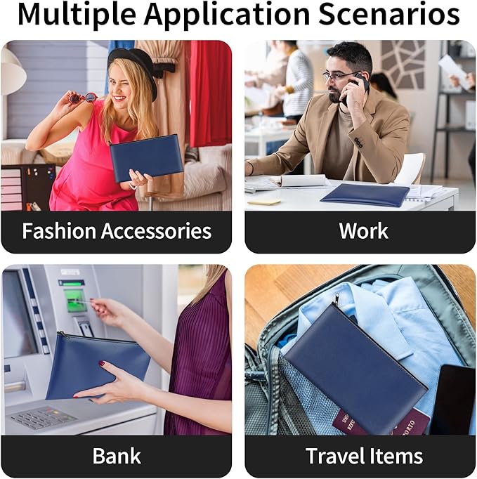 4 Pack Money Bags with Zipper, 11x6.1 Inch PU Leather Cash Pouch, Secure Bank Bag for Coins, Bills, Checks, Invoices, Cosmetics, Tools (Blue)