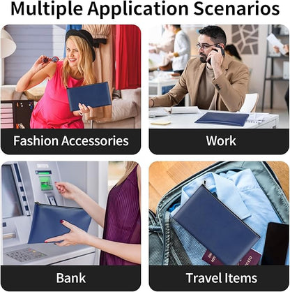 4 Pack Money Bags with Zipper, 11x6.1 Inch PU Leather Cash Pouch, Secure Bank Bag for Coins, Bills, Checks, Invoices, Cosmetics, Tools (Blue)