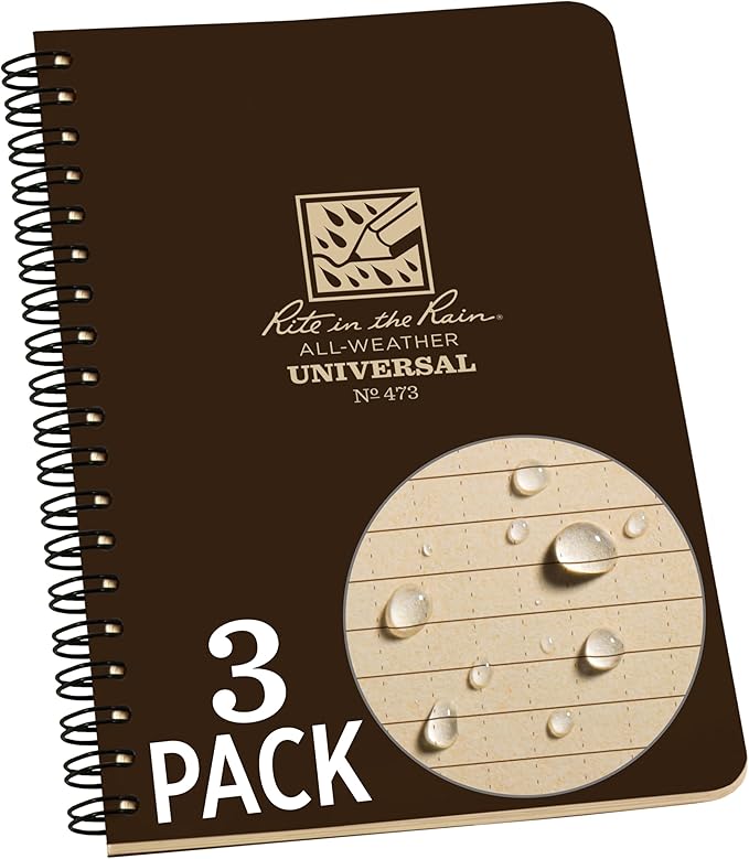 Rite in the Rain Weatherproof Side Spiral Notebook, 4.625" x 7", Brown Cover, Universal Pattern, 3 Pack (No. 473L3)