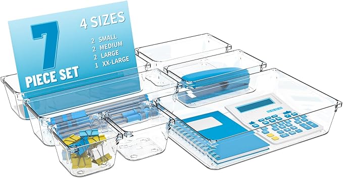 7 Pack Clear Plastic Drawer Organizer Set,4 Sizes Bathroom Drawer Organizers and Storage Bins,Vanity Drawer Organizer for Makeup, Cosmetics, Jewelry, Utensils, Gadgets,Office In Drawer Organizer Trays
