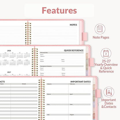 SUNEE 2026 Weekly & Monthly Planner 6.4"x8.5"- 12 Month (January 2026 - December 2026), Vegan Leather Cover, Pocket, Bookmark, Notes, Monthly Tab, Peach Pink