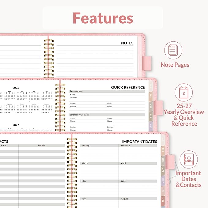 SUNEE 2026 Weekly & Monthly Planner 9"x11.2"- 12 Month (January 2026 - December 2026), Vegan Leather Cover, Pocket, Bookmark, Notes, Monthly Tab, Peach Pink