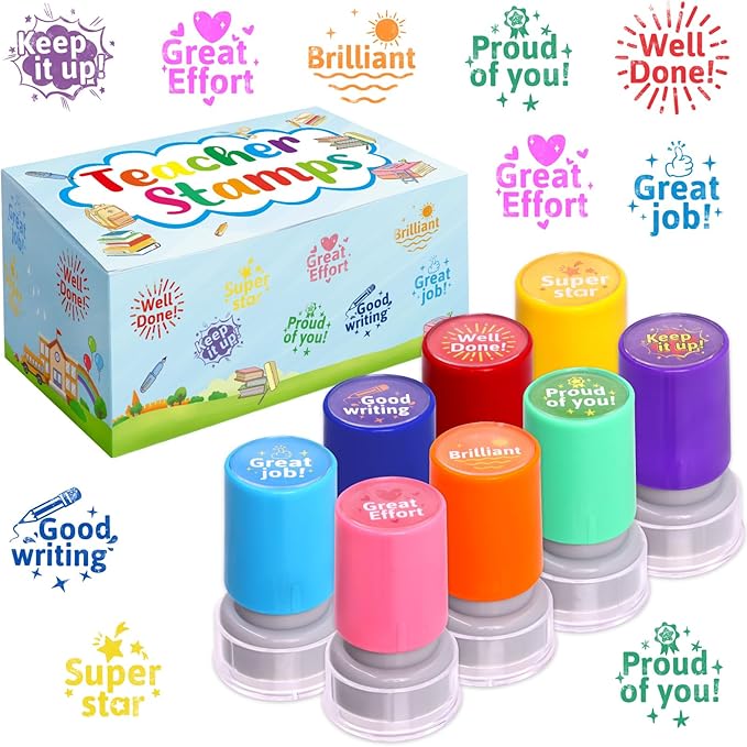 Teacher Stamps Self Inking for Classroom Rubber Stamp for Grading Homework Test Motivation Students Behavior Reward Supplies 8Pcs
