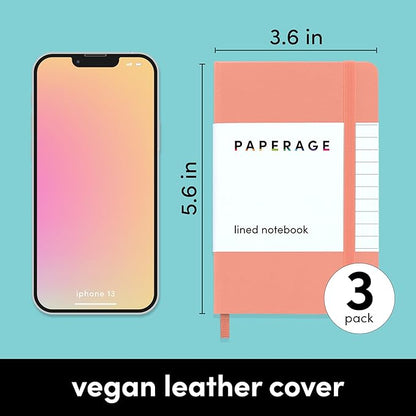 PAPERAGE Lined Pocket Journal Notebook, 3 Pack, (Coral, White, Sky Blue), 160 Pages, Small, 3.6 inches x 5.6 inches - 100 GSM Thick Paper, Hardcover