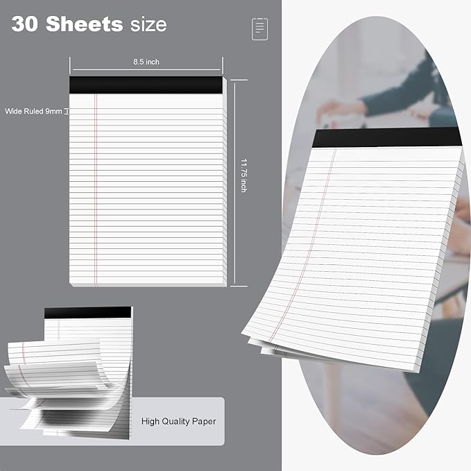 Legal Pads 8.5 x 11 Note Pads 8.5 x 11 Wide Ruled Notepad Lined Paper Writing Pads for Home, School, Office Use, 80gsm Perforated Legal Pad - Sturdy Cardboard Backing Support, 8 Pack (30 Sheets/Pad)