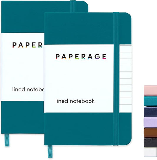 PAPERAGE Lined Pocket Journal Notebook, 2 Pack, (Turquoise), 160 Pages, Small Notebook, 3.6 inches x 5.6 inches - 100 GSM Thick Paper, Hardcover