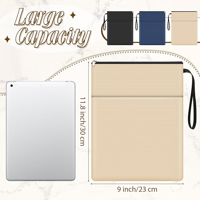 Aliceset 3 Pcs Book Lovers Gifts Book Sleeves with Zipper 11.8 x 9 inch Travel Book Covers Protector Pouch Bag with Pocket Handle Strap for Hardcover Paperback Washable(Black, Beige, Blue)