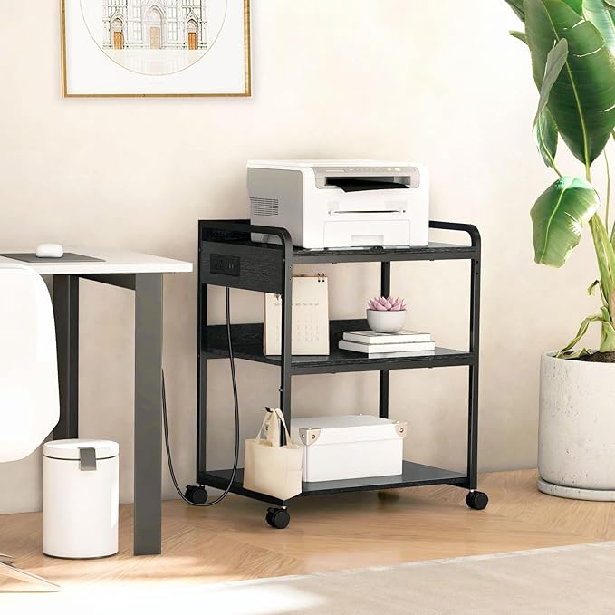 Printer Stands with Charging Station, 25.2 x 18.9 Inch Large Printer Stand with Wheels for Home Office, 3 Tier Printer Table with Power Outlet USB Port, Printer Shredder Stand, Black