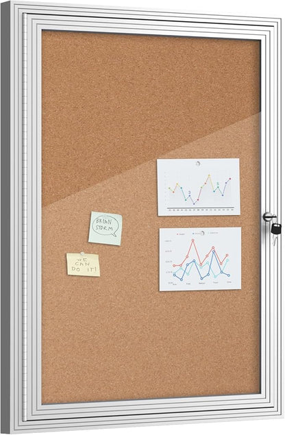 36"x24" Enclosed Bulletin Board, Outdoor Lockable Weather-Resistant Aluminum Cork Noticeboard for School & Office, Silver Frame w/Cork