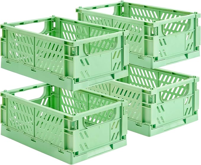 4-Pack Small Pastel Plastic Storage Baskets, Collapsible Crates for Organizing, Space-Saving Mini Bins for Classroom, Kitchen, Office, Bedroom (Green, 9.8" x 6.5" x 3.8")