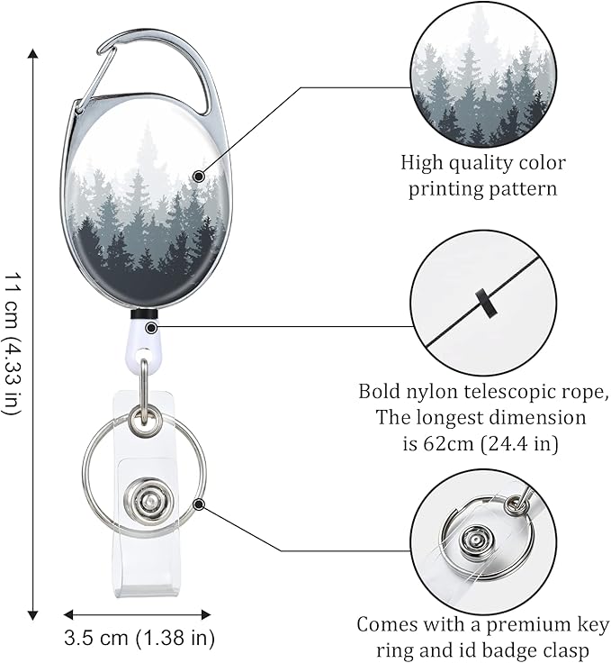 Badge Reels Retractable，Double Sided Color Print Pattern Retractable Badge Holders，with Retractable Keychain, Badge Clip and Key Ring，Durable Nylon Retractable Rope，Forest