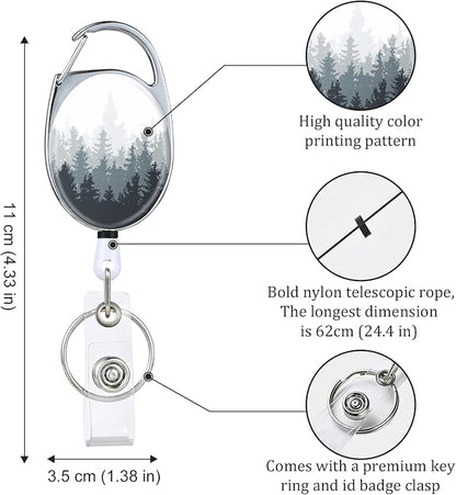 Badge Reels Retractable，Double Sided Color Print Pattern Retractable Badge Holders，with Retractable Keychain, Badge Clip and Key Ring，Durable Nylon Retractable Rope，Forest