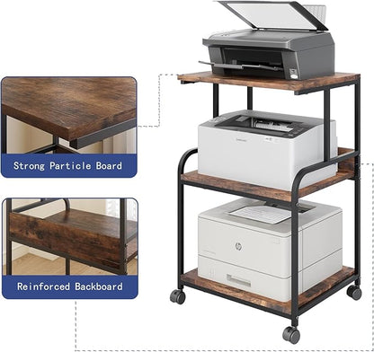 3 Tier Rolling Printer Cart with Wheels, Rustic Brown, Adjustable, Compatible with Printers, Fax Machines, Home Office, Kitchen, Living Room, Bedroom Storage Shelves
