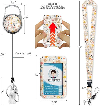 Lanyards for Id Badges, Boho Flowers Rainbows Badge Holder with Retractable Reel Belt Clip, Cute Work Name Tag Lanyard Vertical ID Card Protector Case for Women Nurse Doctor Teacher Student