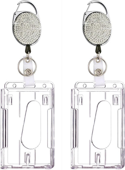 VIQWYIC 2 Pack Retractable ID Badge Holder with Clip, Bling Badge Reels with Clear Card Holders for Office Worker Teacher Doctor Nurse (Silver)