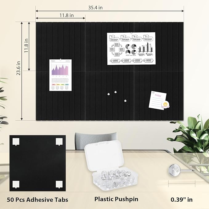Smarpau Large Cork Bulletin Slat Wall Felt Board Alternative 48"x36" 12 Pack Black Cork Board for Walls with Slat Wall Paneling Felt Bulletin Boards Pin Board for Office