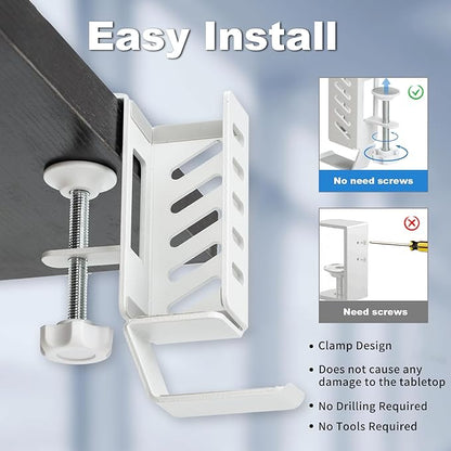 FEIKU No Drill Desk Side Laptop Mount,Hanging Laptop Holder for Office and Home，Clamp on Desk Side Storage Organizer for Laptops/MacBook/Book/Keyboards/Headphone/Gamepad/Backpack White