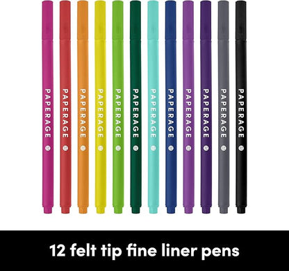 PAPERAGE Felt Tip Fine Point Pens (0.4mm), 12 Pack, Colored Pens For Journaling, Notebooks, Planners, Calendars & Drawing, Great for School, Office, & Home (Rainbow)