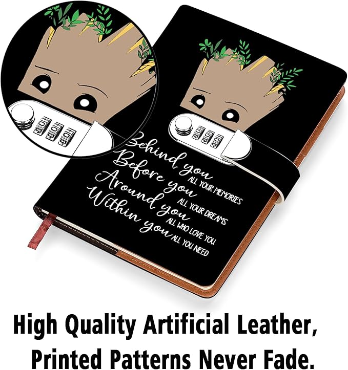 Funny Groot Gifts Leather Combination Lock Notebook Always Remember You’re Braver Than You Believe Leather Locked Journal Notebook Birthday Gifts for Daughter Son (behind you)