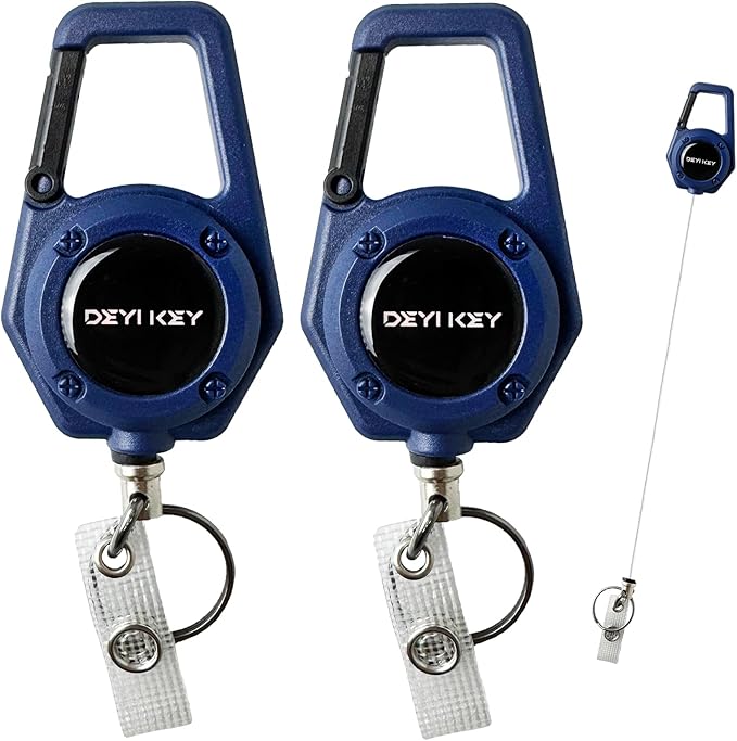 Retractable Keychain Heavy Duty, Multitool Carabiner Badge Holder, Retractable Keychain Clip Id Holder, Tactical ID Badge Reel with 29.5" Steel Retractable Cord, 2Pack Blue