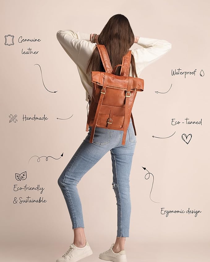 Genuine Leather Backpack for Men & Women, Rolltop Laptop Bookbag, Vintage Back Pack Rucksack for work & travel, Brown (Tan)
