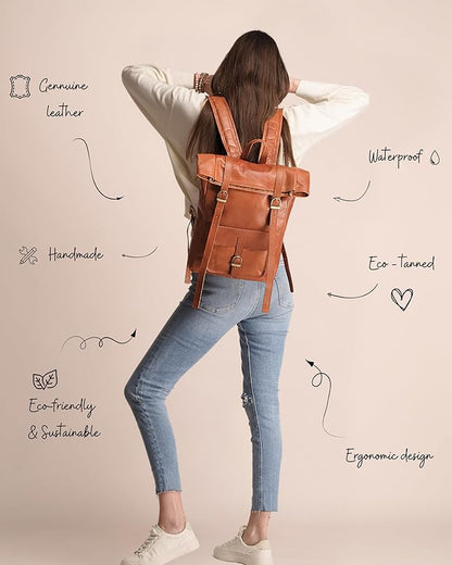 Genuine Leather Backpack for Men & Women, Rolltop Laptop Bookbag, Vintage Back Pack Rucksack for work & travel, Brown (Tan)
