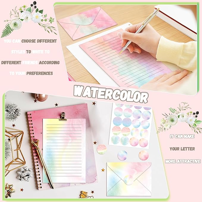 TaoBary 160 Packs Stationery Paper Set (50 Double Sided Stationery Writing Papers 50 Matching Envelopes) 60 Round Dot Sticker, 10 Design(Watercolor,8.5 x 11 Inch)