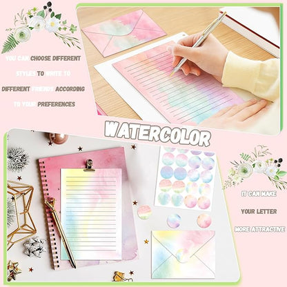 TaoBary 160 Packs Stationery Paper Set (50 Double Sided Stationery Writing Papers 50 Matching Envelopes) 60 Round Dot Sticker, 10 Design(Watercolor,8.5 x 11 Inch)