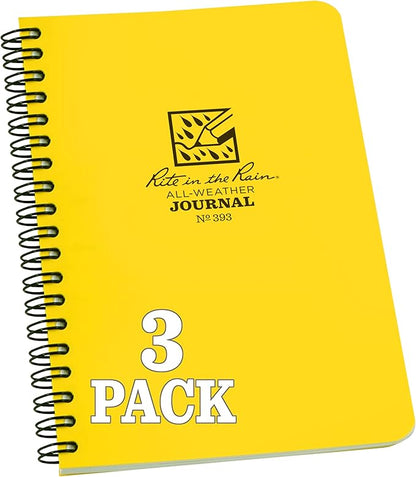 Rite in the Rain Weatherproof Side Spiral Notebook, 4.625" x 7", Yellow Cover, Journal Pattern, 3 Pack (No. 393L3)