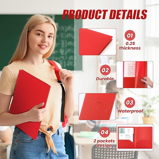 Gueevin 50 Pcs Plastic Folders with Pockets, Two Pocket Folder Fit Letter Size, Heavy Duty School Business Card Holder for Home Office School Bussiness, 11.61 x 9.45 Inches (Red)