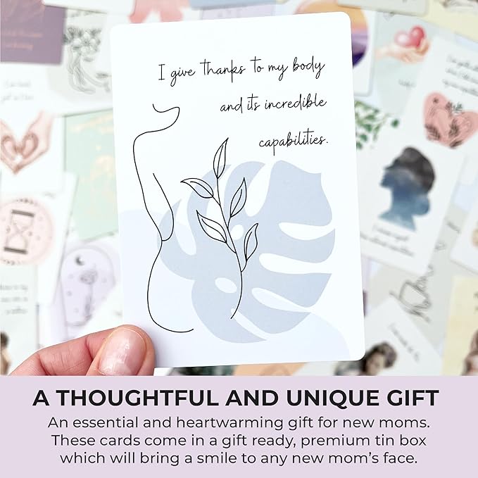 New Mom Affirmation Cards - 50 Postpartum Affirmation Cards for Self-Care, Gift for New Mom After Birth in Tin Box with Wooden Stand