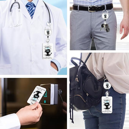 Black Cat Badge Holder with Retractable Reel and Breakaway Lanyard，Badge Clips Retractable Heavy Duty Badge Reel，Keychain，ID Holder with Breakaway Lanyard for School Nurse Office Teen 02