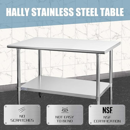 HALLY Stainless Steel Table for Prep & Work 30 x 48 Inches, NSF Commercial Heavy Duty Table with Undershelf and Galvanized Legs for Restaurant, Home and Hotel
