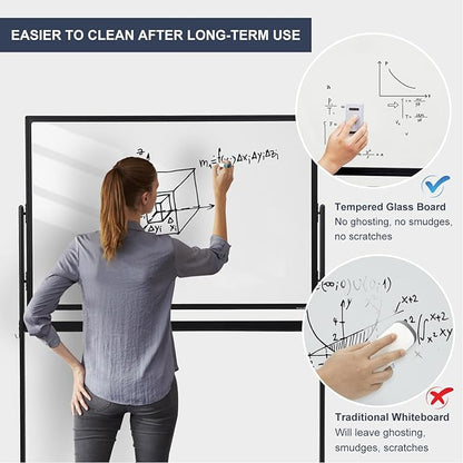 Mobile Clear Glass Whiteboard on Wheels - TANKEE 48" x 32" Dry Erase Board with Stand, Large Rolling White Board with 25 Sheets Paper Pad, Transparent Tempered Glass Board for Office Home School