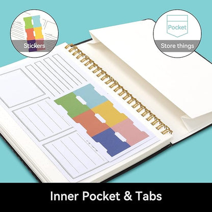 Alltree Spiral Dot Grid Notebook Journal, Dotted Paper Notebook for Work, Hardcover Spiral Bound Notebook with Pen Loop, Pocket, Stickers, 160 Pages, Journal for Women & Men, Black(6"x8.5")