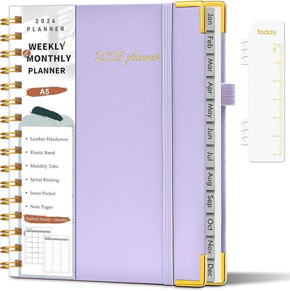 2026 Planner, Weekly and Monthly Calendar Planner from January 2026 - December 2026, 5.75" x 8.38" Hardcover Leather Hourly Appointment Book with Tabs, A5 Spiral Daily Planners for College School Work Home, Purple