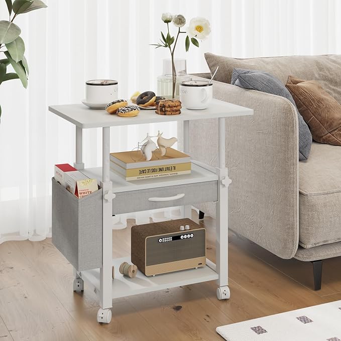 22"x15" Large Printer Stand with Storage Drawer and Side Bag, 3-Tier Height Adjustbale Printer Table for Home Office, Rolling Printer Cart fit Heat Press/Laser printer/3D Printer(White)