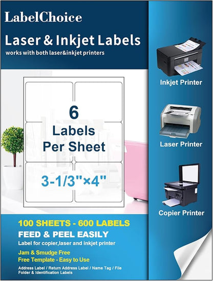 100 Sheets 600 Labels Shipping Labels 6 per Sheet for Laser & Inkjet Printers,3-1/3 x 4 6 Up Shipping Labels FBA Address Labels, 3-1/3" x 4" Address Sticker Labels,6 Labels per Page Sheets
